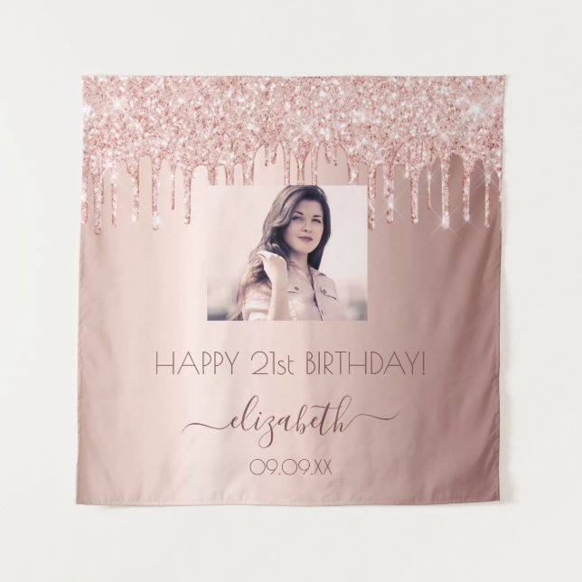 Tenture Fête d'anniversaire personnalisée photo rose gold  (Devant)