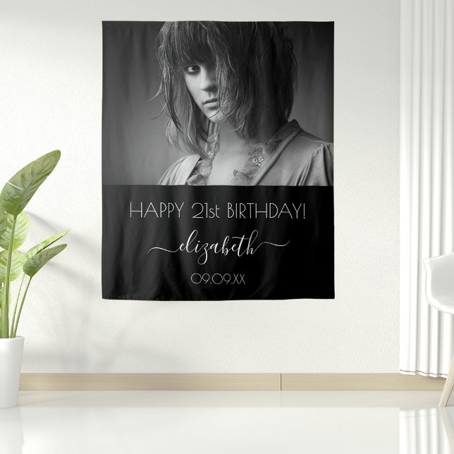 Tenture fête d'anniversaire photo personnalisée noir blanc (Créateur téléchargé)
