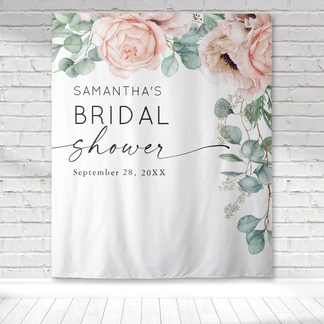 Tenture Fête de mariage Floral Aquarelle Rose (Pink peony floral botanical cascading watercolor design on this bridal shower tapestry backdrop.)