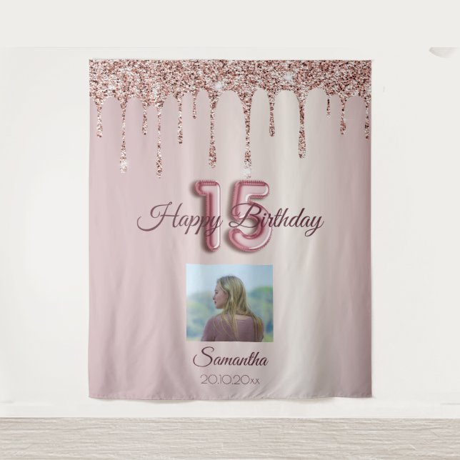 Tenture Fête des 15 ans Ballon Rose Gold Pailleté (Devant)
