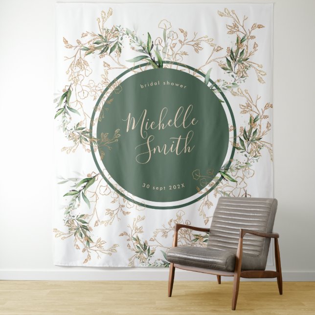 Tenture Fête des mariées Abstraite or Eucalyptus Boho (En situation)