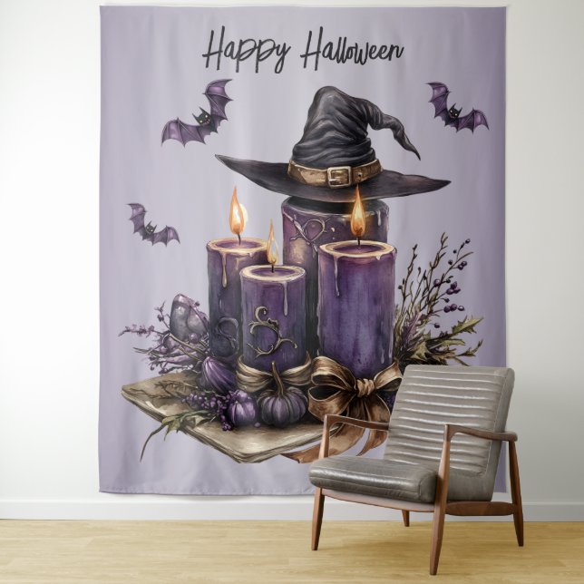 Tenture Fête d'Halloween bougies violettes chauves-souris  (En situation)