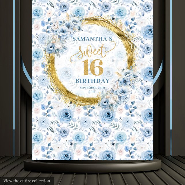 Tenture Fête pailletée or style élégant 16 ans bleu poussi (Stylish Dusty Blue Sweet 16 Gold Glitter Party Tapestry)