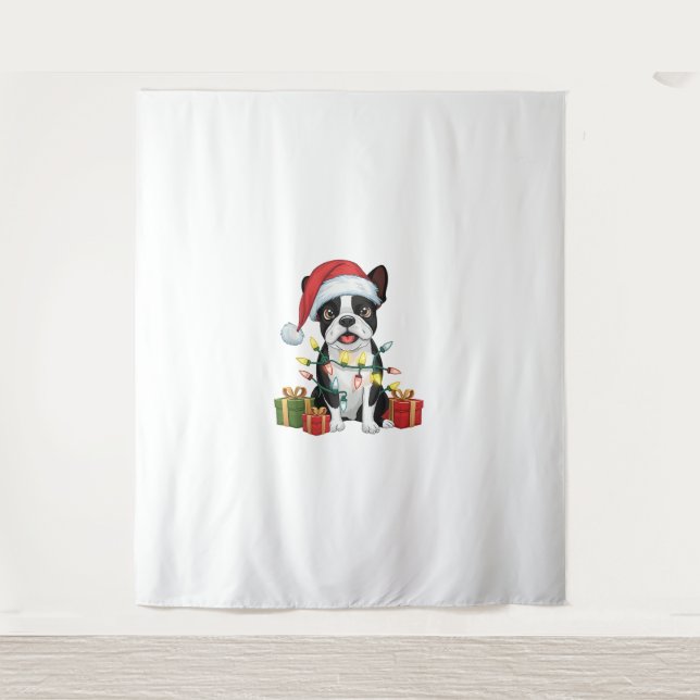 Tenture Feu de Noël Santa Hat Boston Terrier Chien Noël (Devant)