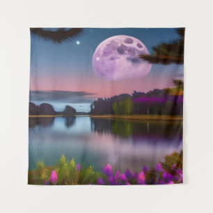 Tenture Feuillage pourpre Lune et lac paisible
