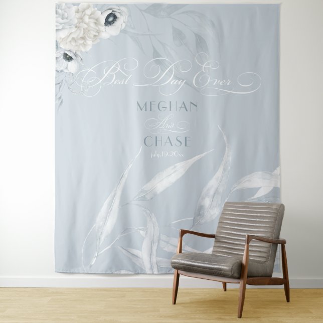 Tenture Feuille Élégante Aquarelle Blanche Bleu Poussiéreu (En situation)