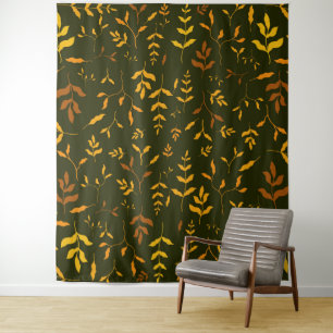 Tenture Feuilles dorées d'automne chaud motif vert foncé