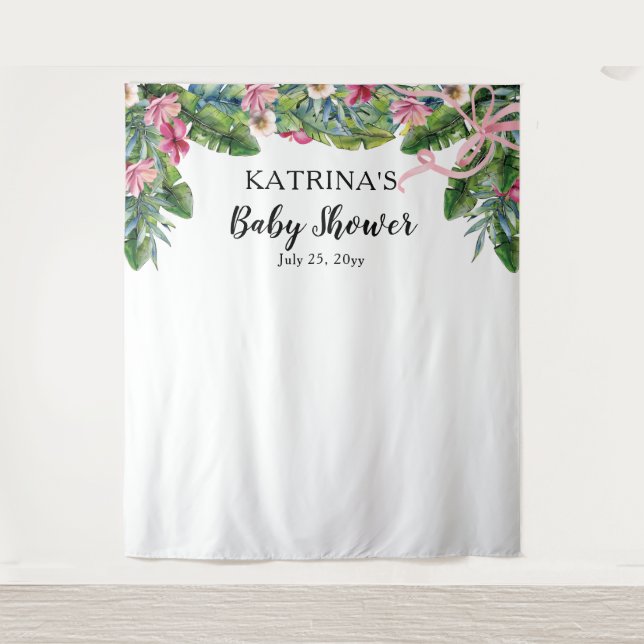 Tenture Feuilles tropicaux | Baby shower rose floral fille (Devant)