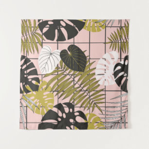 Tenture Feuilles tropicaux, fleurs, motif peint à la main.