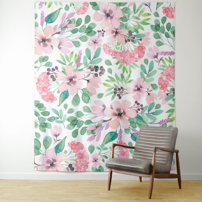 Tenture Feuilles vertes de fleurs roses Motif Fille Design (En situation)