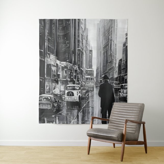 Tenture Figure dans la pluie noir et blanc - art (En situation)