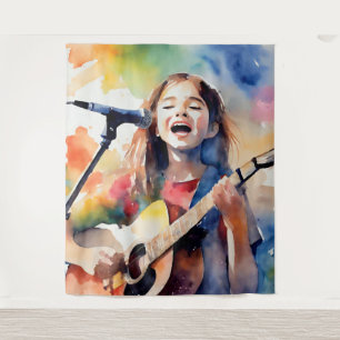 Tenture Fille à l'aquarelle chantant et jouant de la guita