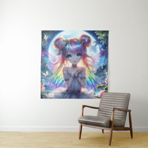 Tenture Fille Anime Cheveux Arc-en-Ciel Chantant Fée Lune