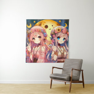 Tenture Fille Anime Hippie Lune Filles Faisant Signe de Pa