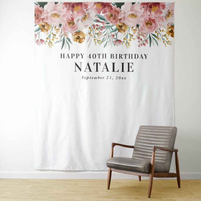 Tenture Fille aquarelle florale éditable âge anniversaire (En situation)