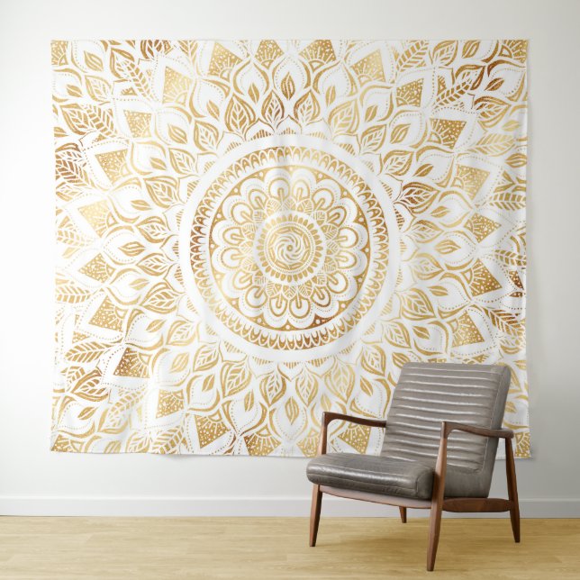 Tenture Fille Blanc Mandala Or Floral (En situation (horizontale))