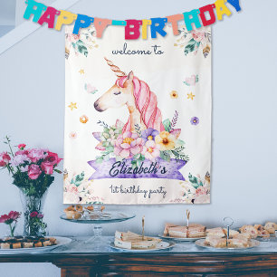Tenture Fille Licorne Fleur Aquarelle Anniversaire Bienven