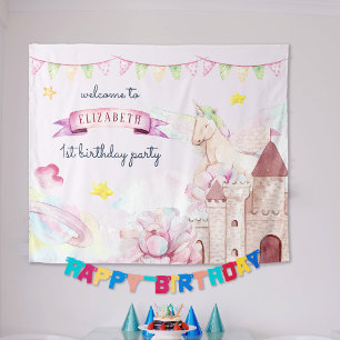 Tenture Fille Licorne Fleur Aquarelle Bienvenue Anniversai