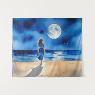 Tenture Fille sur la plage sous une Pleine lune