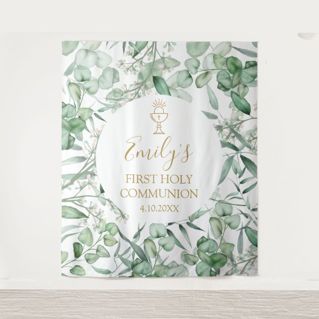 Tenture First Communion Eucalyptus greenery backdrop banne (Devant)