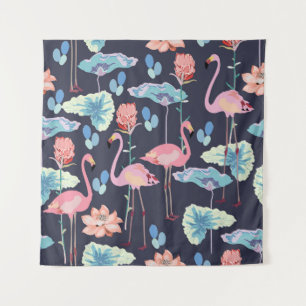 Tenture Flamants roses entourés de fleurs de lotus et pro