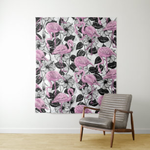 Tenture Flamants roses et fleurs d'hibiscus