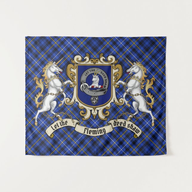 Tenture Fleming Clan Badge & Unicorns avec Tartan (Devant (Horizontal))