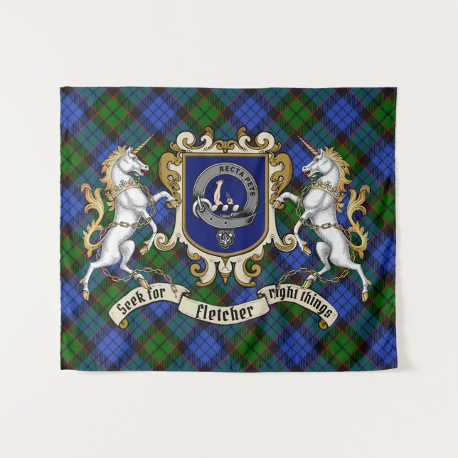 Tenture Fletcher Clan Badge & Unicorns avec Tartan (Devant (Horizontal))