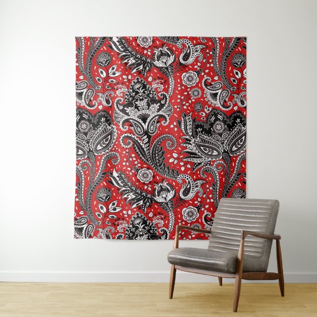 Tenture Fleur de Paisley Bohème Rouge Noir et Blanc Boho (En situation)
