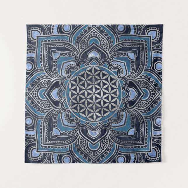 Tenture Fleur de vie à Lotus - Cristal bleu et argent (Devant)