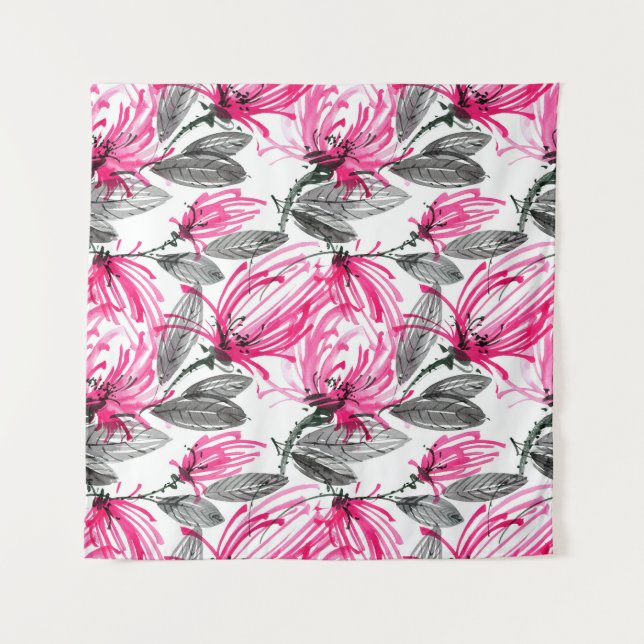 Tenture Fleur rouge orientale : Motif d'aquarelle. (Devant)