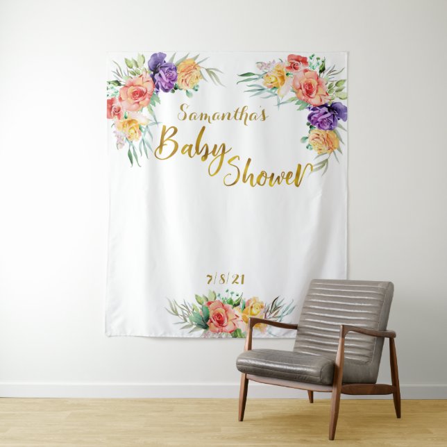 Tenture Fleurs Baby Shower Fond Doré Photobooth (En situation)