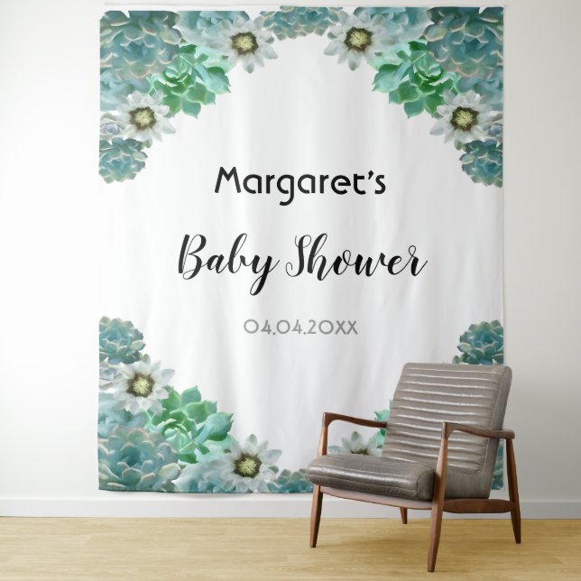 Tenture Fleurs cactus et succulents Baby shower blanc (En situation)