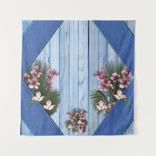 Tenture Fleurs d'arty roses sur la texture Bleu-bois-Tissu