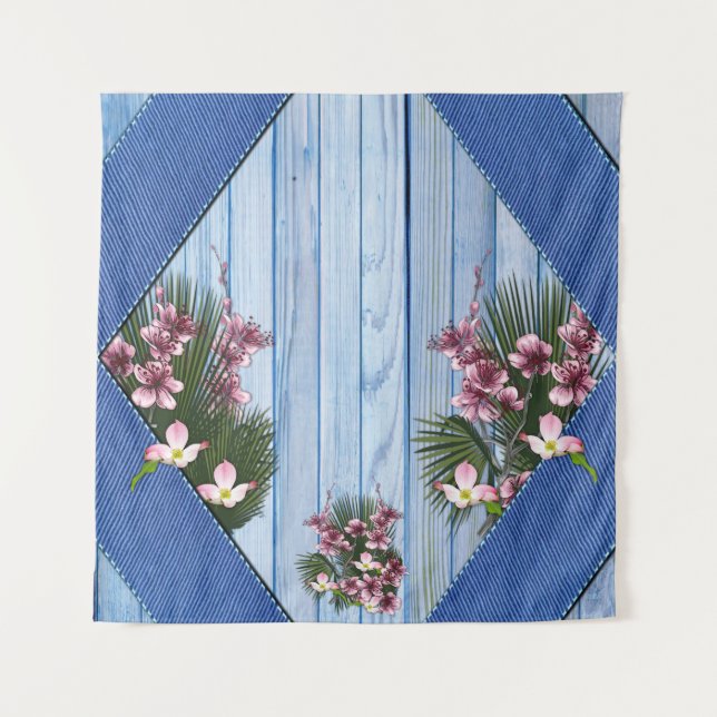 Tenture Fleurs d'arty roses sur la texture Bleu-bois-Tissu (Devant)