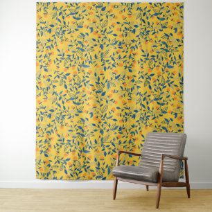 Tenture Fleurs de gribouillis en bleu et jaune