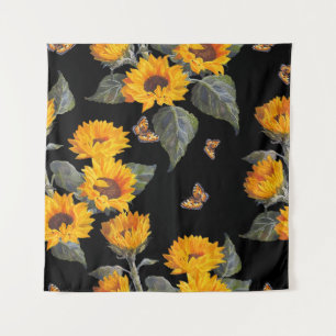 Tenture Fleurs de soleil et papillons : Aquarelle Noir Bac