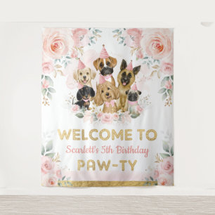 Tenture Fleurs de Teint Rose Chiens Bébé Fille Bienvenue