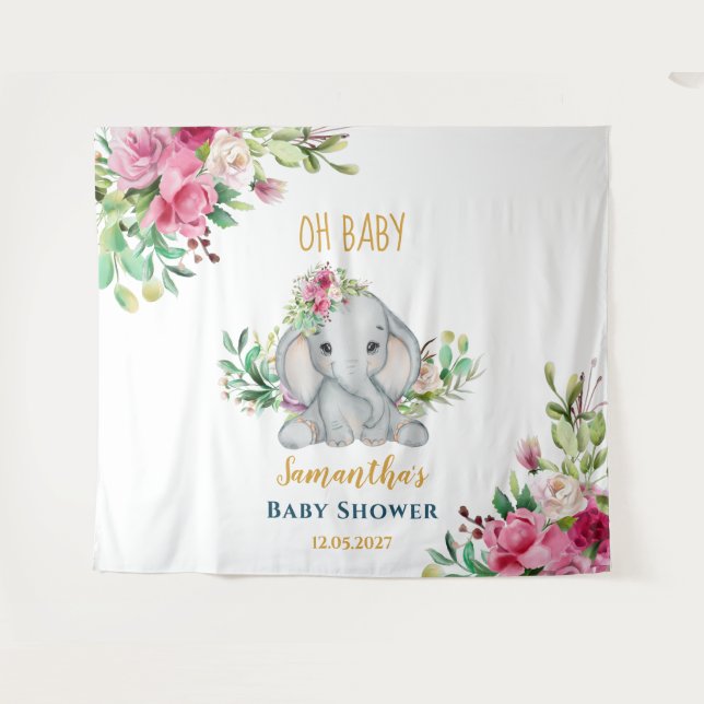 Tenture Fleurs d'éléphant mignonnes Baby shower arrière-pl (Devant (Horizontal))