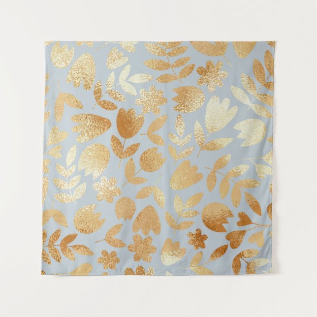 Tenture Fleurs d'or, arrière - plan bleu, imitation feuill (Devant)