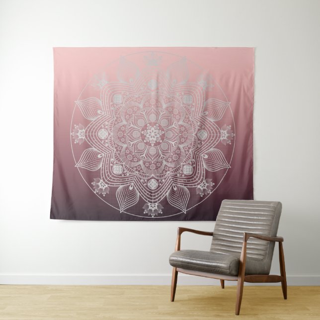 Tenture Fleurs, Feuilles, Dentelle Blanche Floral Mandala  (En situation (horizontale))