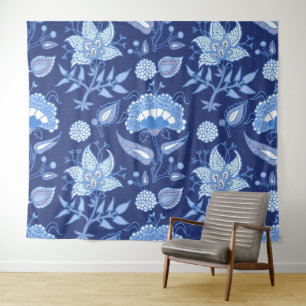 Tenture Fleurs indiennes foncées et bleu clair motif ethni