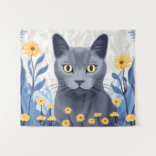 Tenture Fleurs Jaunes Chat Bleu Russe