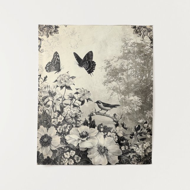 Tenture Fleurs, oiseaux et papillons sur papier vieilli (3 (Devant)