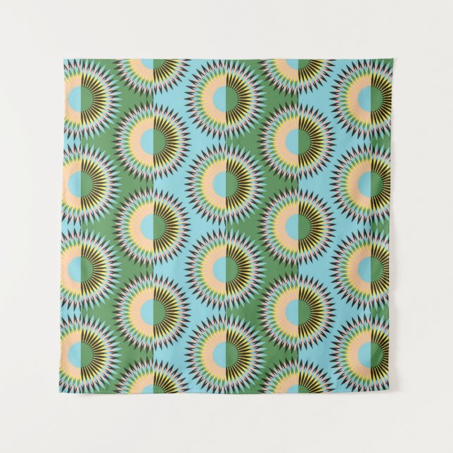 Tenture Fleurs pliées : motif rétro bleu-vert. (Devant)