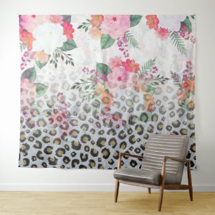 Tenture Fleurs roses Empreintes de léopard noires en argen