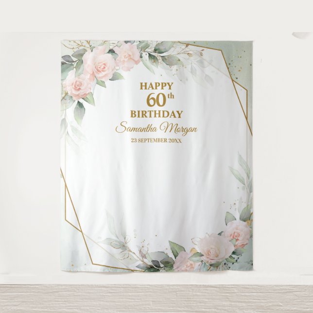 Tenture Fleurs roses rousses eucalyptus or 60e anniversair (Devant)