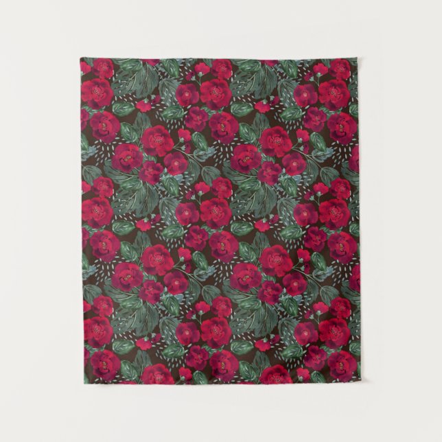Tenture Fleurs rouges, aquarelle motifs floraux. (Devant)
