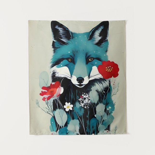 Tenture Fleurs rouges et blanches Renard bleu (Devant)