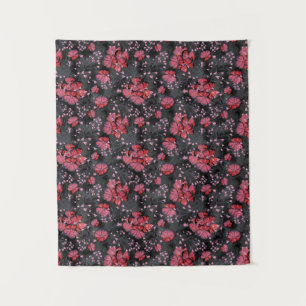 Tenture Fleurs rouges sur fond gris-noir.